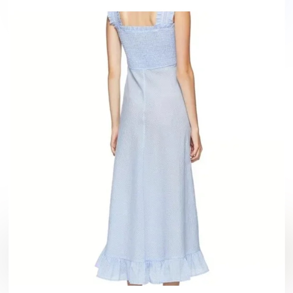 Ganni Seersucker Smocked Maxi Midi Dress NWT Baby Blue Gingham 0 32